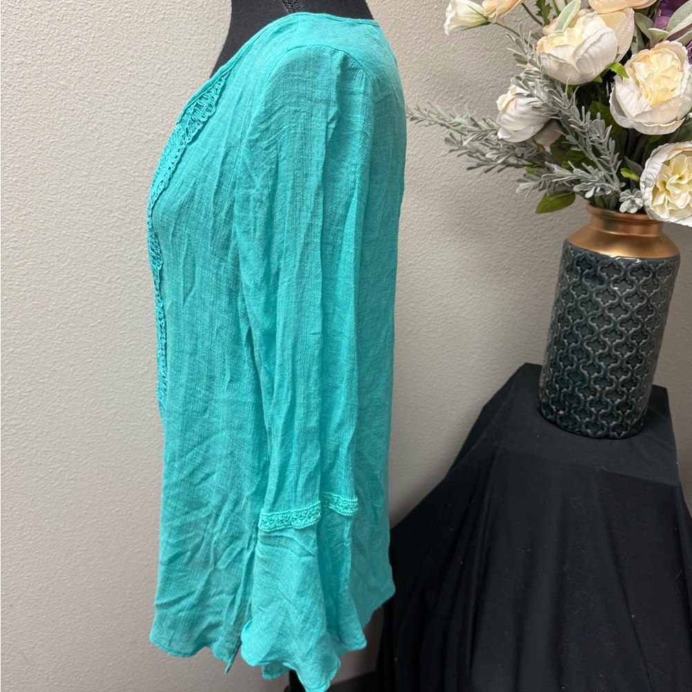 Krazy Kat Teal Crochet Lace Boho Tunic Top Bell Sleeve L - Picture 2 of 8